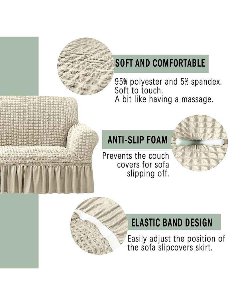 VORHANG Stretch Sofa Slipcover Easy Fitted Sofa Couch Cover with Skirt (Beige -3 Seater) Pack of 1 - Image 3