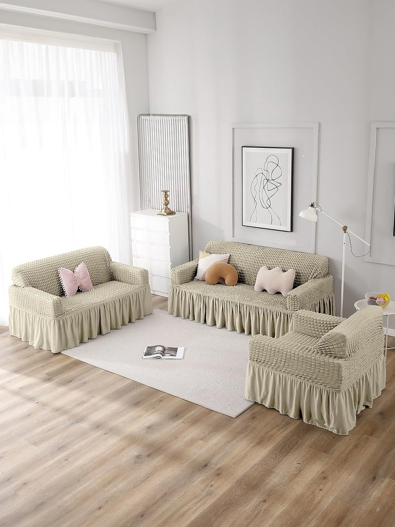 VORHANG Stretch Sofa Slipcover Easy Fitted Sofa Couch Cover with Skirt (Beige -3 Seater) Pack of 1 - Image 2