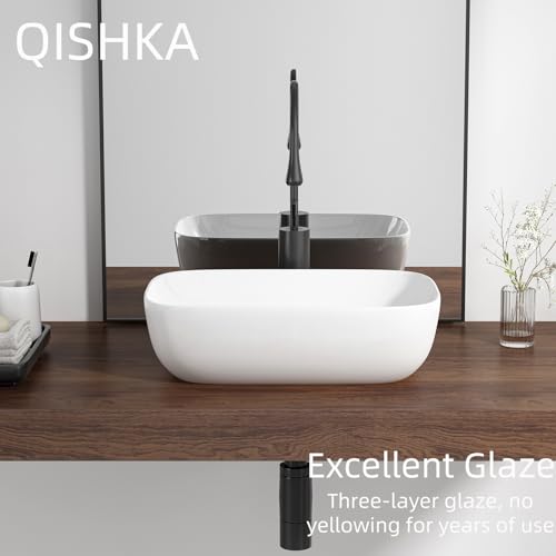 QISHKA Vessel Sink Bowl Above Counter, QISHKA 18.3" x 13" Ceramic Oval Modern Bathroom Sink White Vanity Sink Lavatory Art Basin - Image 4