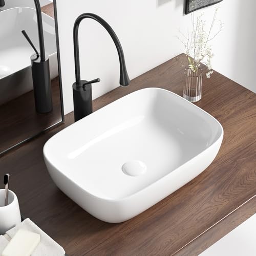 QISHKA Vessel Sink Bowl Above Counter, QISHKA 18.3" x 13" Ceramic Oval Modern Bathroom Sink White Vanity Sink Lavatory Art Basin - Image 1