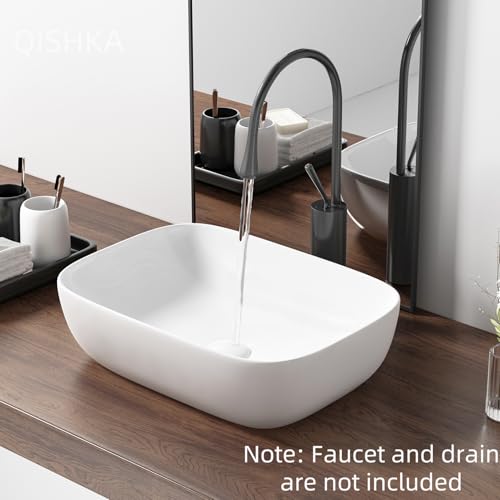 QISHKA Vessel Sink Bowl Above Counter, QISHKA 18.3" x 13" Ceramic Oval Modern Bathroom Sink White Vanity Sink Lavatory Art Basin - Image 3