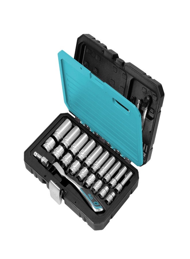 HB 74-Piece Socket Set AKX007-U, 120-Tooth Ratchet 3/8" Drive, 72-Tooth Stubby Mini Ratchet, SAE Standard & Deep Sockets, Impact Adapter, CR-V Steel, Storage Case, Made in Taiwan - Image 1