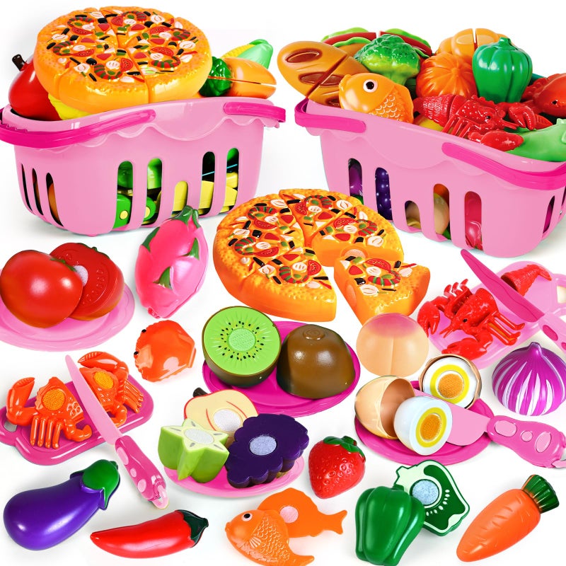 BAODLON 100 Pcs Play Food Set for Kids Kitchen, Pretend Food Toy for Toddlers, Play Kitchen Toys Accessories with 2 Baskets, Cutting Fake Food/Fruit/Vegetable, Christmas Birthday Gifts for Boys and Girls - Image 1