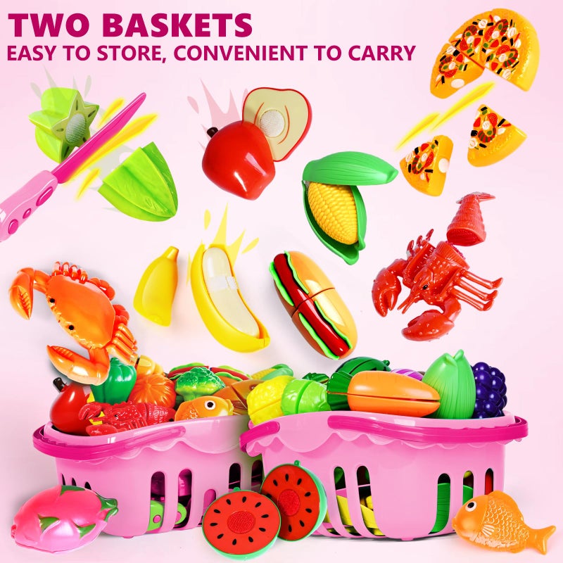 BAODLON 100 Pcs Play Food Set for Kids Kitchen, Pretend Food Toy for Toddlers, Play Kitchen Toys Accessories with 2 Baskets, Cutting Fake Food/Fruit/Vegetable, Christmas Birthday Gifts for Boys and Girls - Image 3