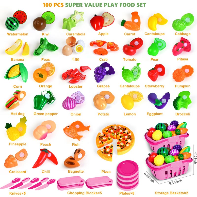 BAODLON 100 Pcs Play Food Set for Kids Kitchen, Pretend Food Toy for Toddlers, Play Kitchen Toys Accessories with 2 Baskets, Cutting Fake Food/Fruit/Vegetable, Christmas Birthday Gifts for Boys and Girls - Image 2