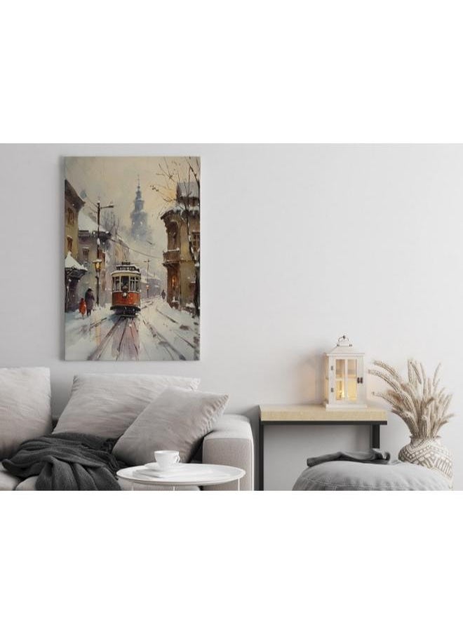 Home Gallery painting red tram snow Printed Canvas wall art  - Image 1