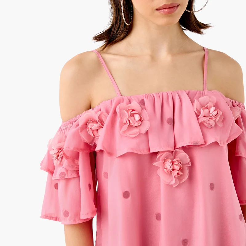 2Xtremz 2Xtremz Floral Accent Off Shoulder Top with Ruffles