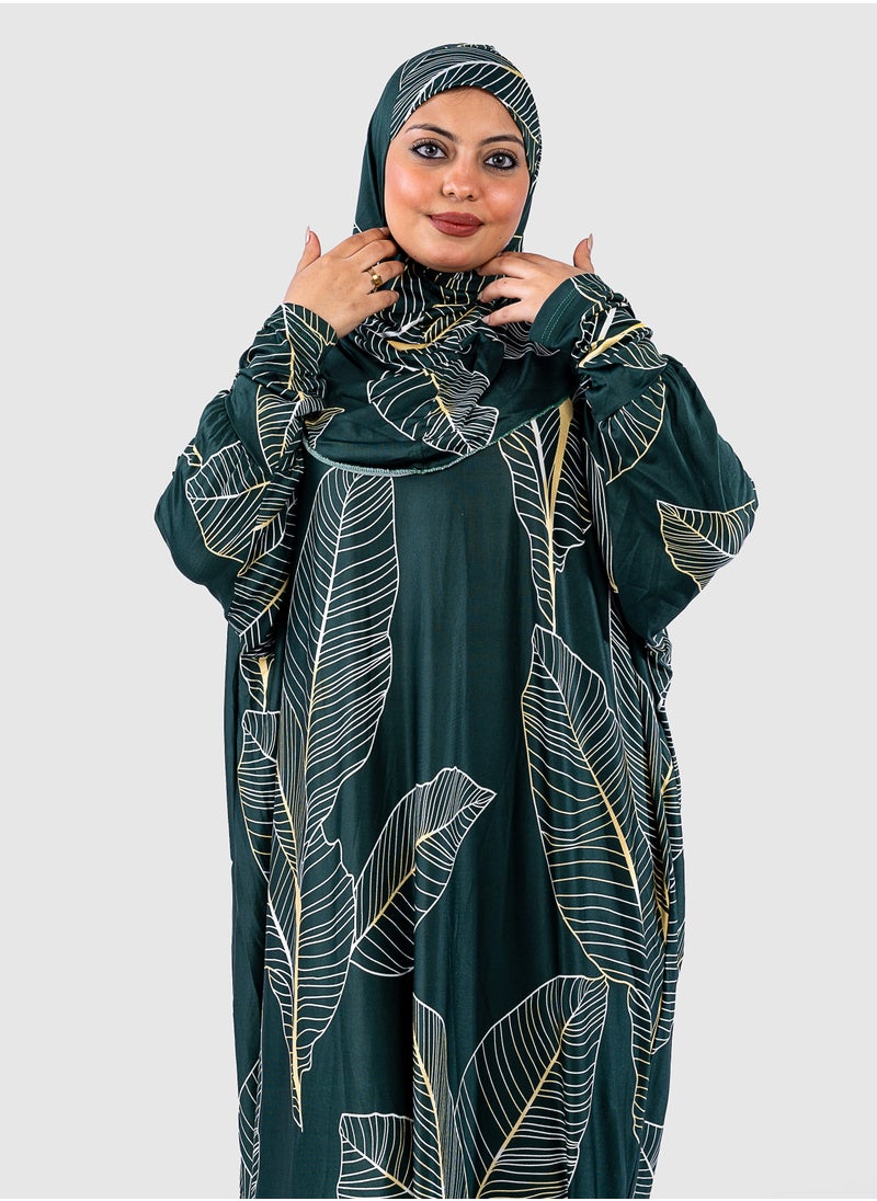 أرت لوك عباية نسائية تصميم اوراق شجر - فضفاضة واسعة - مع حجاب  - Image 2