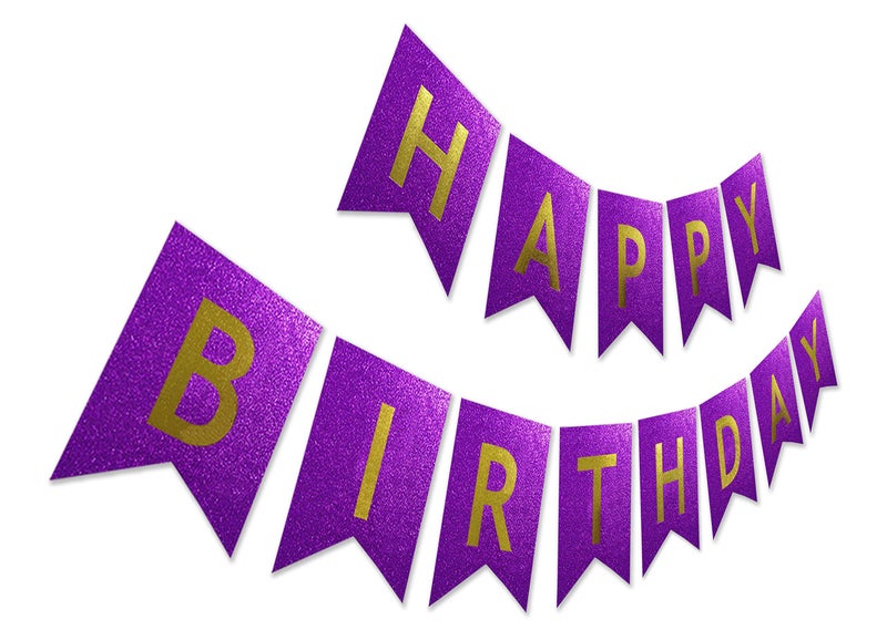 Silvima Glitter Birthday Banner Purple Happy Birthday Sign Prestrung Sparkling Gold Letter Party Bunting - Image 2