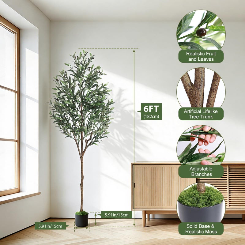 Alupssuc 6ft Olive Tree Artificial Indoor, Fake Tree Potted with Lifelike Fruits and Realistic Leaves, Faux Plants for Modern Home Office Living Room Decor - Image 3