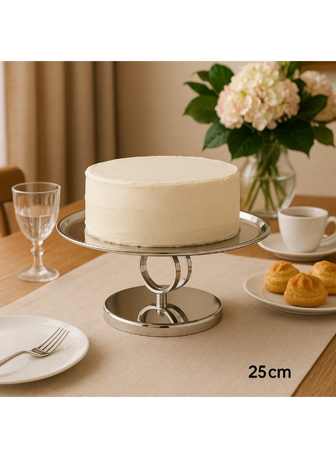 دانيا ✨ صحن تقديم كيك وحلويات استيل لماع مدوّر بقاعدة — مقاس 25 سم ✨ - Image 1