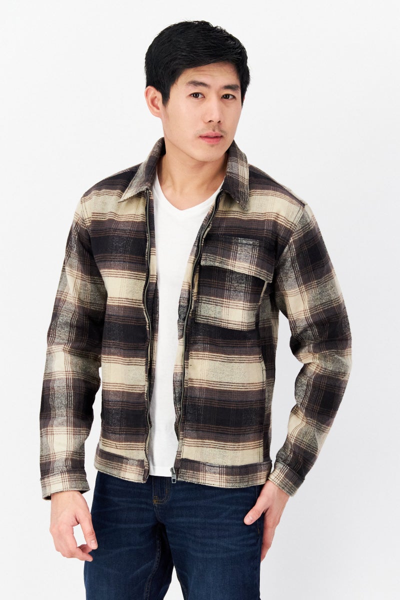 French Connection Men Plaid Full Zipper Shirt Jackets, Brown Combo - Image 1