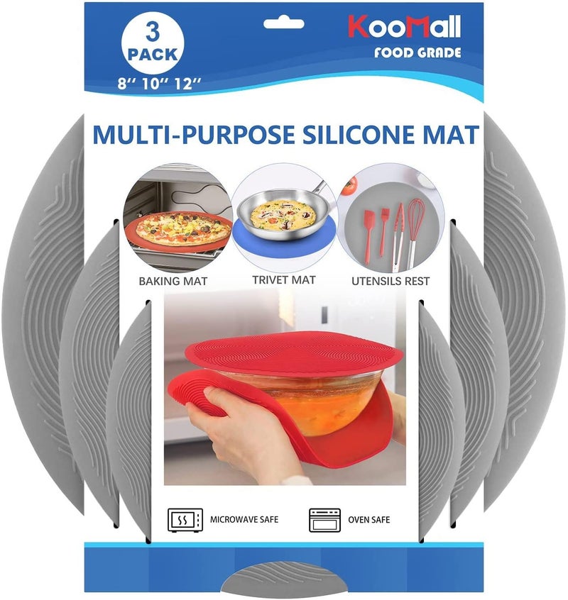 KooMall 12 10 8 Inch Multi-use Microwave Mat, Trivet, Pot Holders, Drying, Baking, Place Mat, Utensils Rest, Silicone Cover Pad for Hot Pot Pans Bowls Plates Dishes Kitchen Counter,Heat Resistant,Gray - Image 1