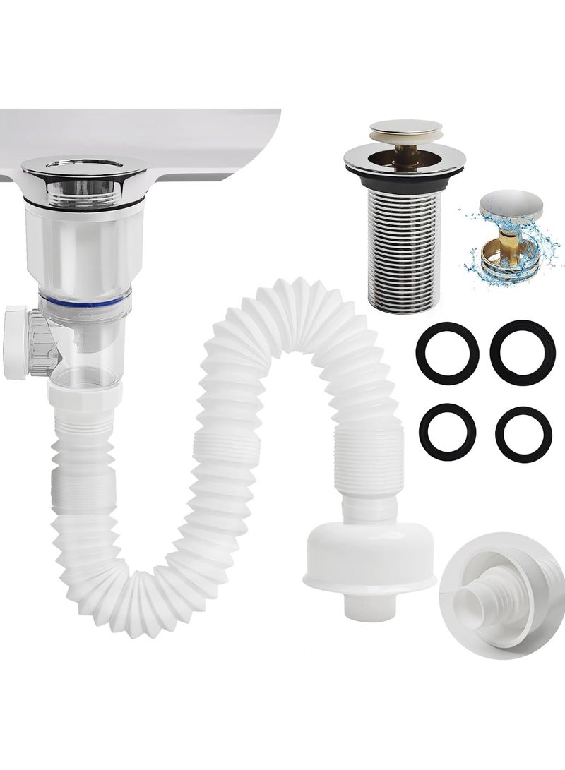 Bathroom Sink Drain Pipe Kit,Bathroom Sink Drain with Strainer Basket Hair Catcher and pop-up stopper flexible Sink Drain Pipe P-Trap，Suitable for drains including for 1-1/4'' & 1-1/2'' - Image 1