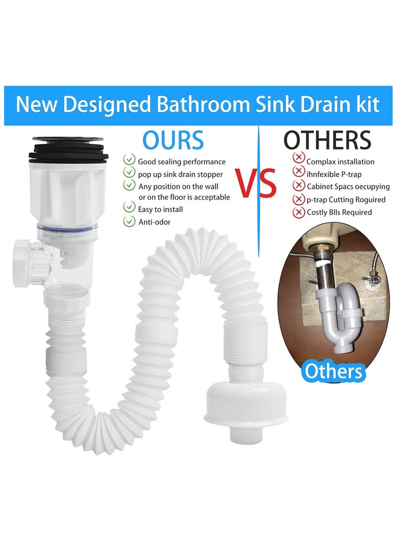 Bathroom Sink Drain Pipe Kit,Bathroom Sink Drain with Strainer Basket Hair Catcher and pop-up stopper flexible Sink Drain Pipe P-Trap，Suitable for drains including for 1-1/4'' & 1-1/2'' - Image 3