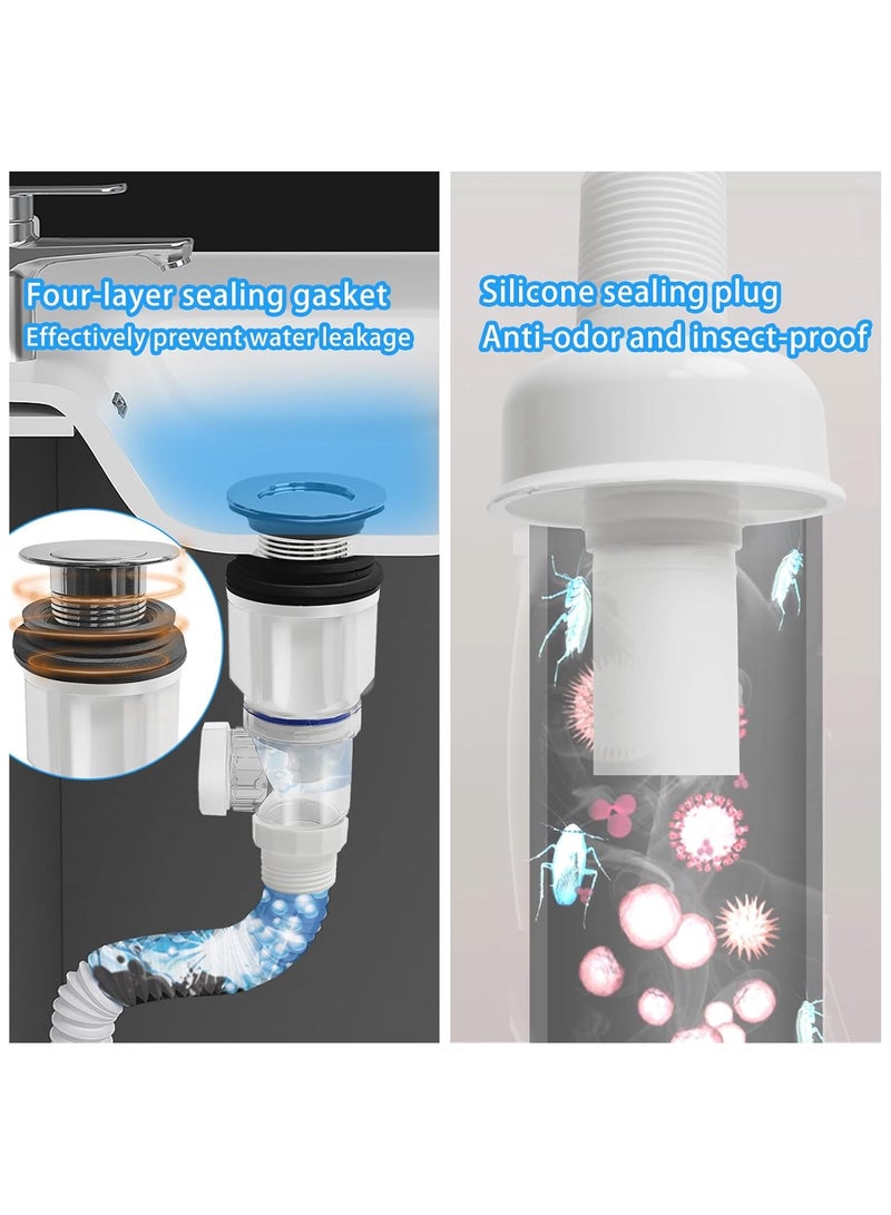 Bathroom Sink Drain Pipe Kit,Bathroom Sink Drain with Strainer Basket Hair Catcher and pop-up stopper flexible Sink Drain Pipe P-Trap，Suitable for drains including for 1-1/4'' & 1-1/2'' - Image 4