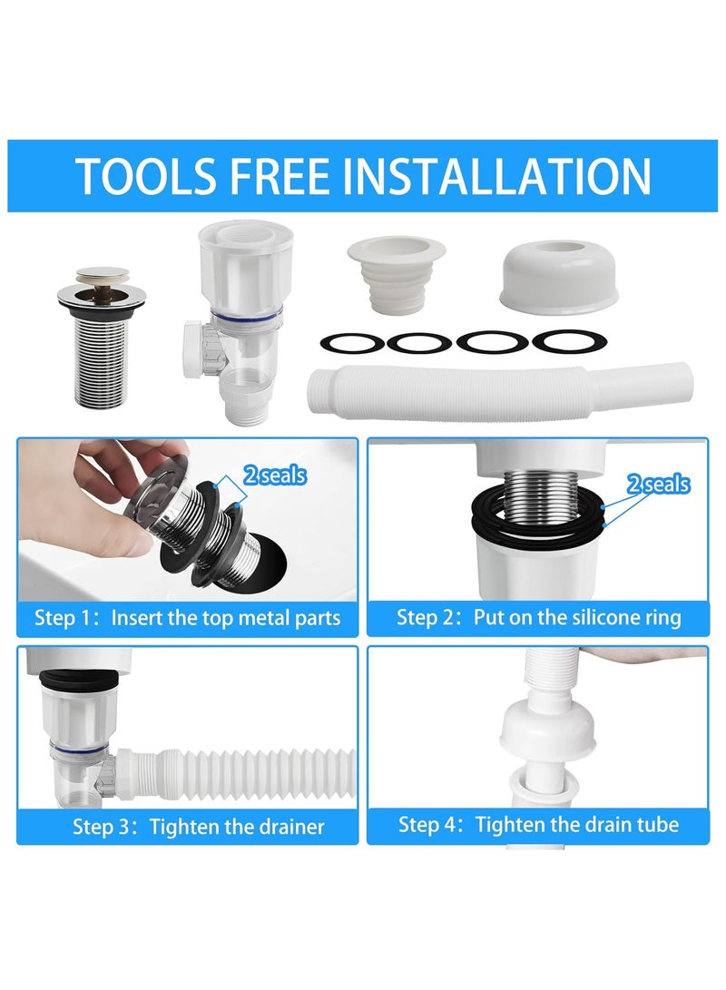Bathroom Sink Drain Pipe Kit,Bathroom Sink Drain with Strainer Basket Hair Catcher and pop-up stopper flexible Sink Drain Pipe P-Trap，Suitable for drains including for 1-1/4'' & 1-1/2'' - Image 5