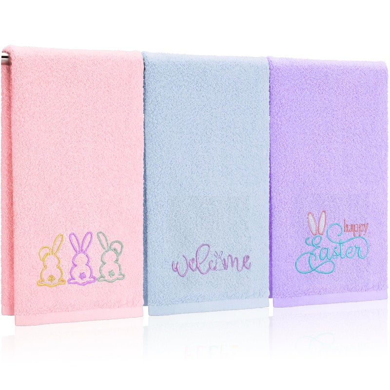 FuWeave 3 Pack Easter Hand Towels 13.4 x 29.2 Inch Cotton Embroidered Happy Easter Bunny Bathroom Towel Absorbent Decorative for Hand Drying Cleaning Gift - Image 1