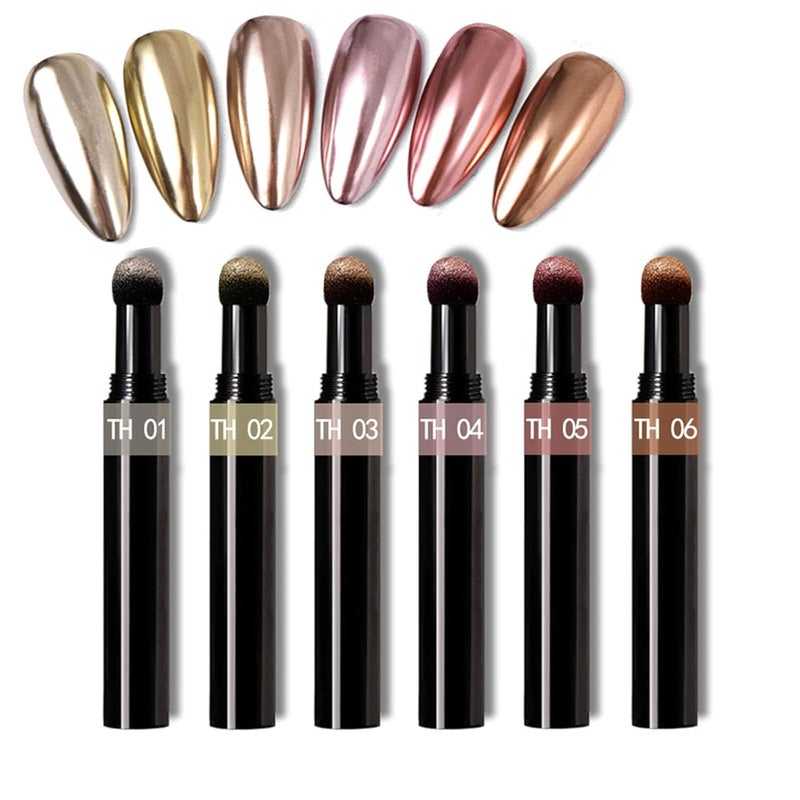 KIRA 6Pcs Chrome Nail Art Pigment Pen Set Metallic Glitter Powder Air Cushion Pen With Magic Mirror Effect For Nail Art Design Decoration Multicolor