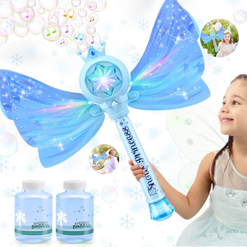 Britik Bubble Wands for Kids Girls LED Light Music Bubble Machine 3 AA Batteries 2 Bubble Solutions Outdoor Party Birthday Toys for Toddlers Gift for 3 4 5 6 7 8 Year Old Girls Blue - Image 1
