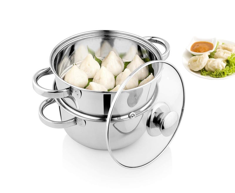 KLASSI KICHEN Stainless Steel 2 Tier Momo Maker Set with Lid | Pasta | Vegetable | Momo Stainless Steel (2.25 +2.25 L), Silver - Image 1