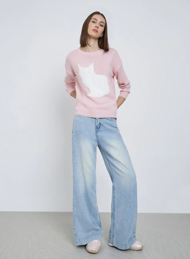 ستايلي سويتر بقصة عادية بنقشة قطط