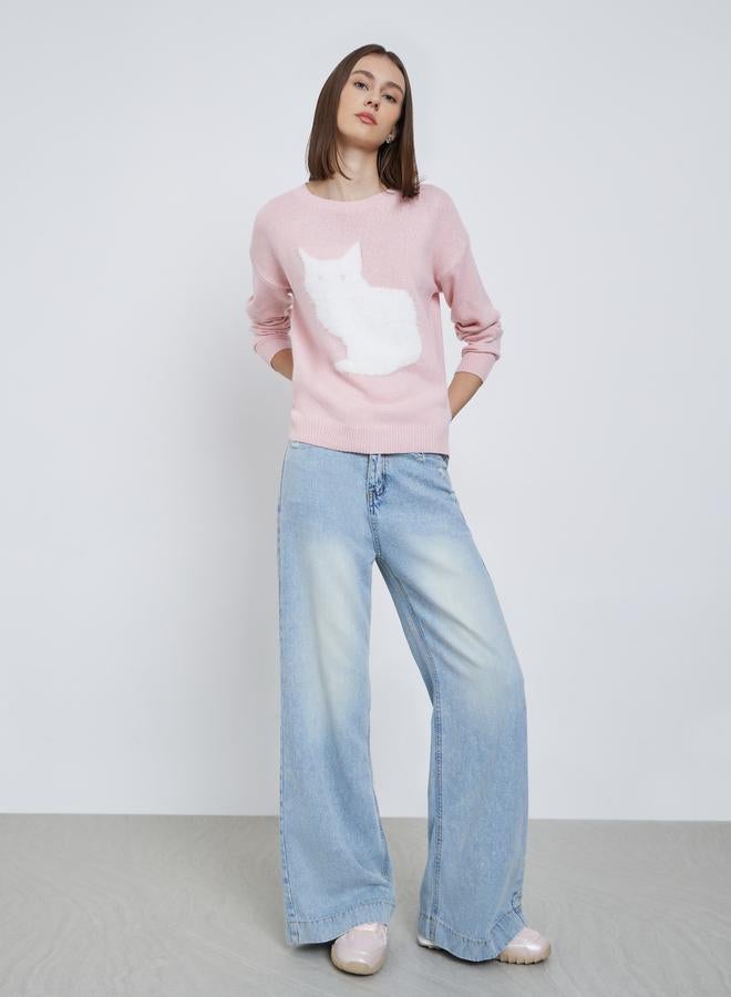 ستايلي سويتر بقصة عادية بنقشة قطط - Image 2