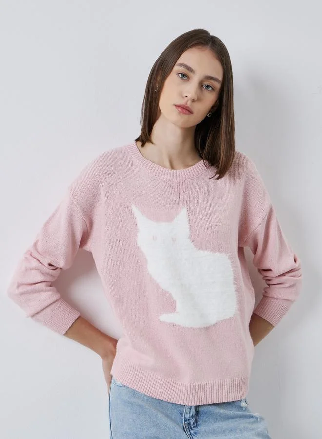 Styli Pink Regular Fit Kitten Pattern Sweater