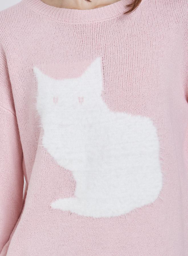 ستايلي سويتر بقصة عادية بنقشة قطط - Image 3