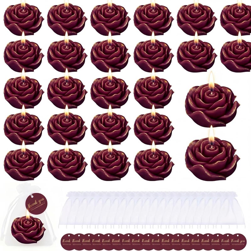Treela 24 Set Flower Candles Wedding Favor for Guests Mini Dark Red Rose Shaped Tealight Candles for Return Gift Wedding Birthday Bridal Shower Housewarming Party - Image 1