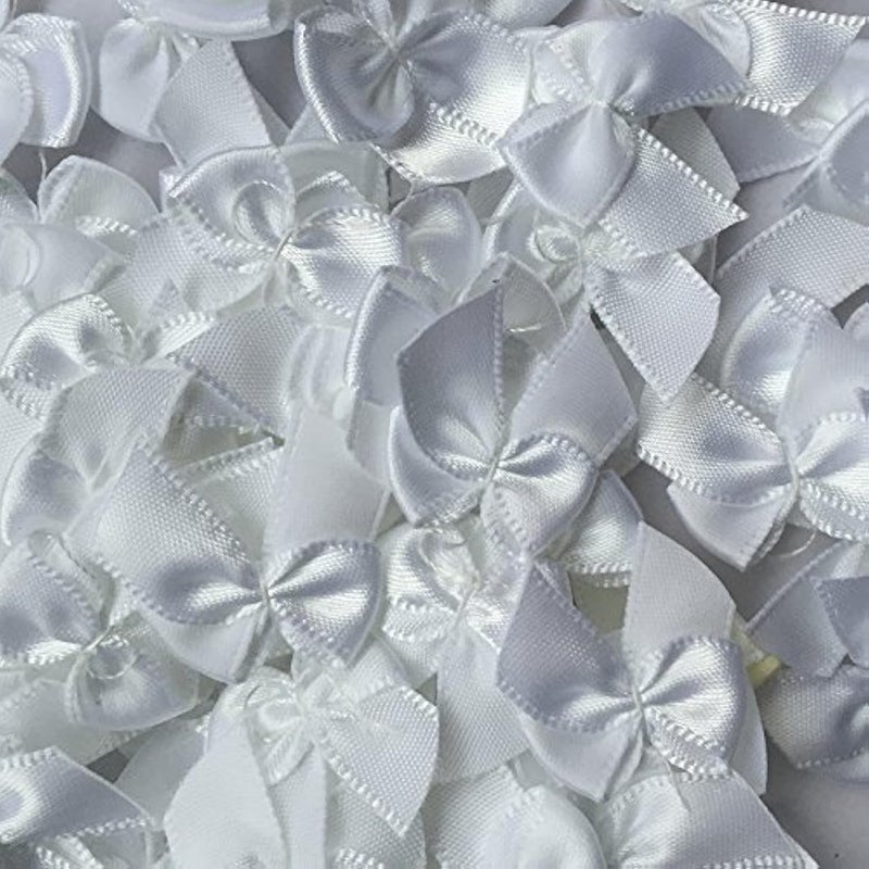 Chenkou Craft 60pcs Mini Satin Ribbon Bows Flowers 1 x34 Appliques DIY Craft White Color