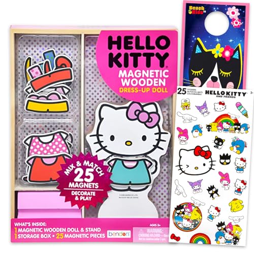Hello Kitty Magnetic Wooden Doll Set Activity Bundle Sanrio Dress Up Doll with 25 Clothing Accessories Stickers Door Hanger Hello Kitty Toys for Girls - Image 1