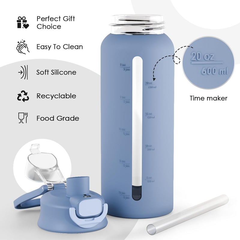 SANDJEST Glass Water Bottle with Silicone Sleeve 24oz with Lid, Motivational Time Marker, Drinking Hydration Glass Bottles for Men Women, Gym Travel Sports (Blue) - Image 3
