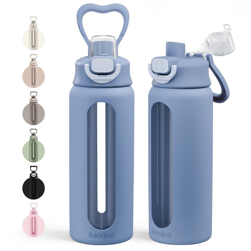 SANDJEST Glass Water Bottle with Silicone Sleeve 24oz with Lid, Motivational Time Marker, Drinking Hydration Glass Bottles for Men Women, Gym Travel Sports (Blue) - Image 1