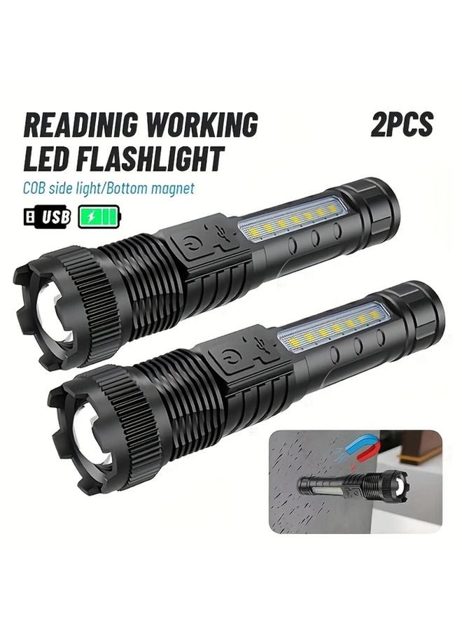 2pcs Black Rechargeable LED Flashlight High Brightness 5 Modes Zoomable Beam IP44 Outdoor - Image 1