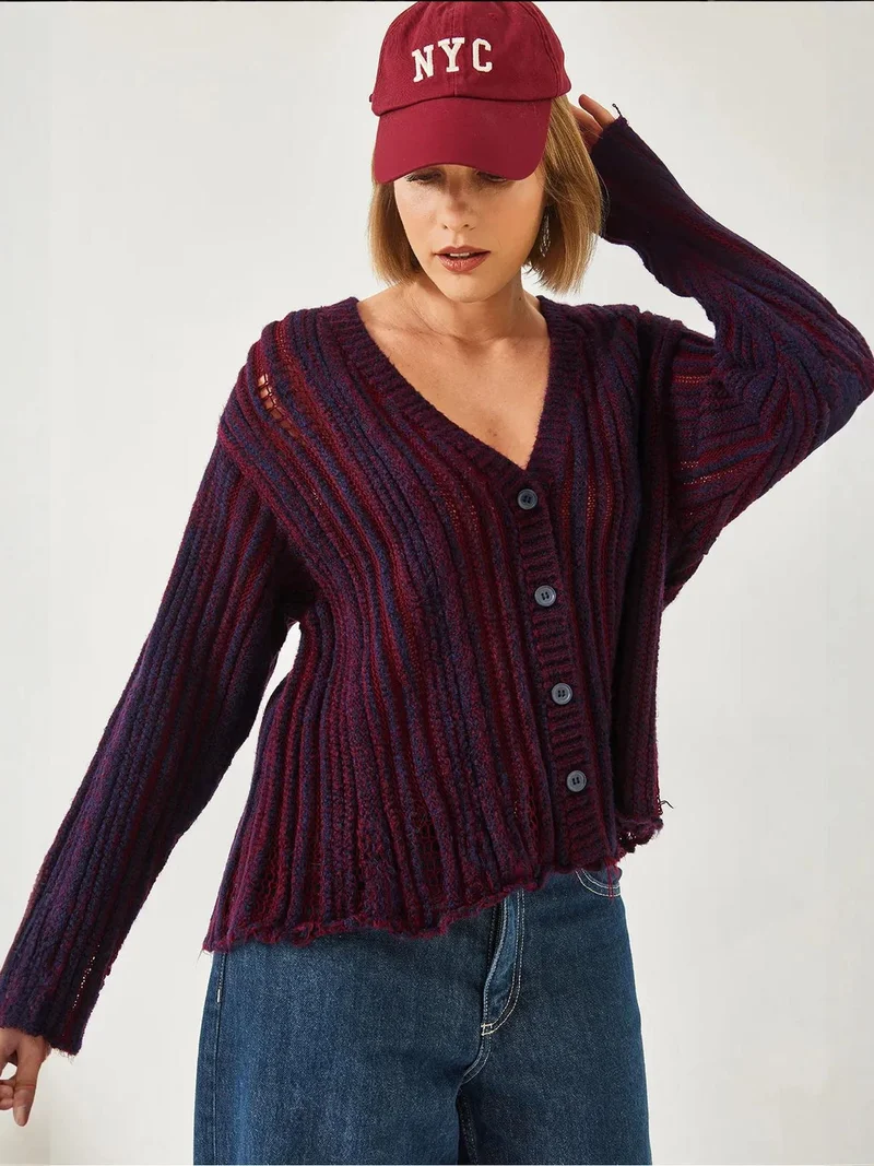 Bianco Lucci LUCCI Striped Ribbed Knit Cardigan with V-neck