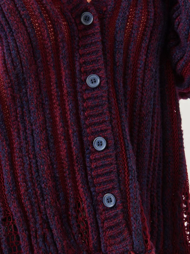 Bianco Lucci LUCCI Striped Ribbed Knit Cardigan with V-neck