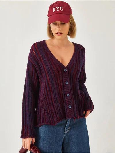 Bianco Lucci LUCCI Striped Ribbed Knit Cardigan with V-neck