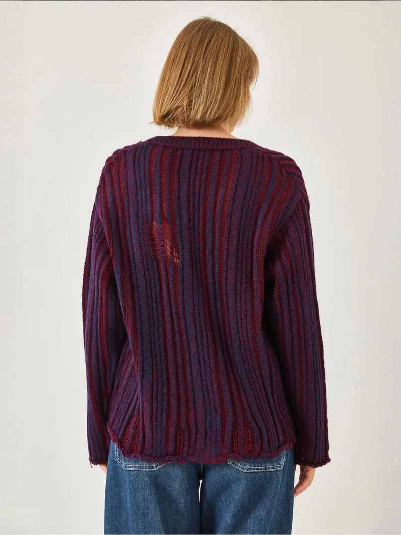 Bianco Lucci LUCCI Striped Ribbed Knit Cardigan with V-neck