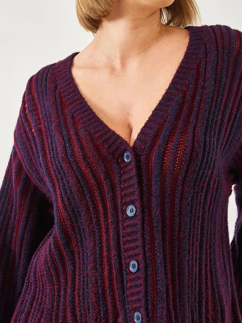 Bianco Lucci LUCCI Striped Ribbed Knit Cardigan with V-neck