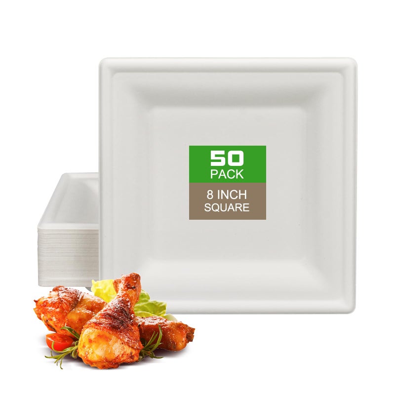 BangShou 8 Inch Square Disposable Paper Plates 50 Pack Compostable Biodegraded Plates Paper Bagasse Natural Appetizer Heavy Duty Dinner Platters for Party BBQ Picnic