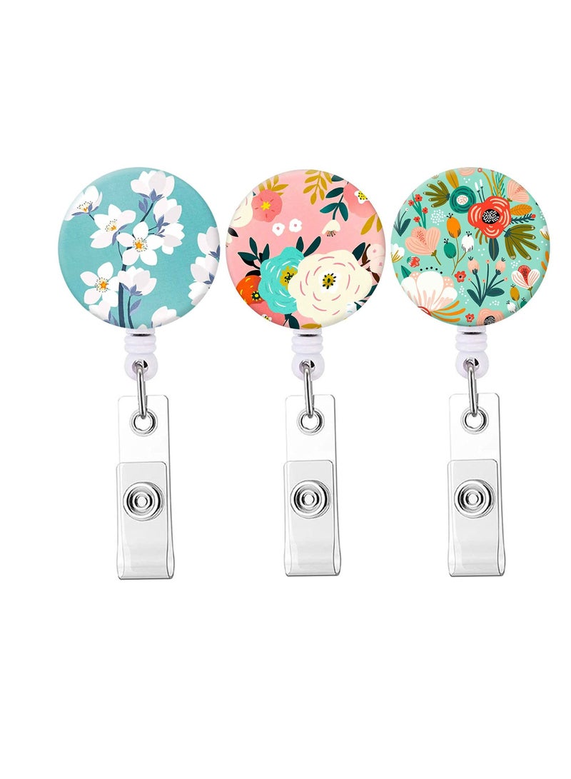 KASTWAVE Retractable Badge Reel Clip, KASTWAVE Badge Holder with Alligator Clip, Cute Badge Clip on ID Name Card Holders for Nurse Doctor and Office (3Pack Floral Flowers) - Image 1