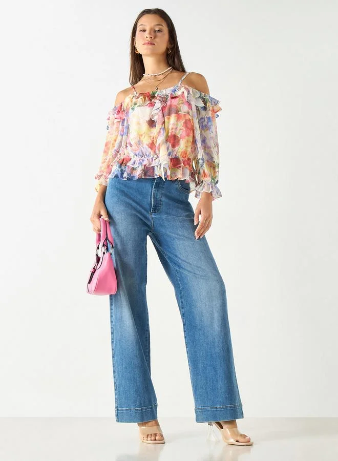 2Xtremz 2Xtremz All-Over Floral Print Off Shoulder Top with Volume Sleeves