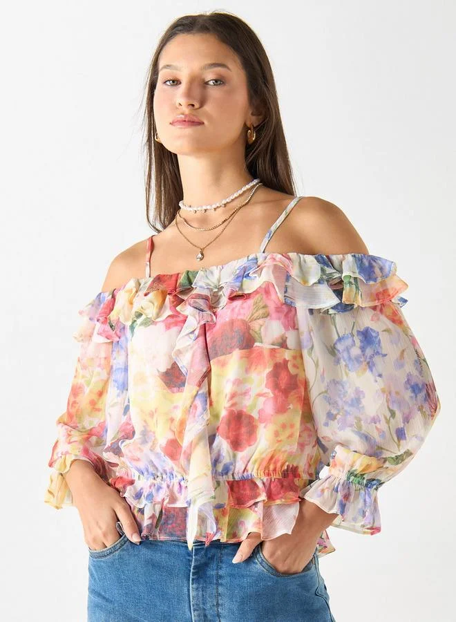 2Xtremz 2Xtremz All-Over Floral Print Off Shoulder Top with Volume Sleeves
