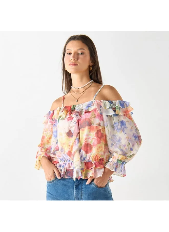 2Xtremz 2Xtremz All-Over Floral Print Off Shoulder Top with Volume Sleeves