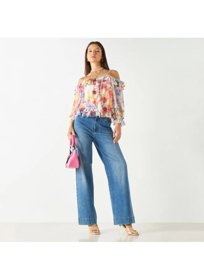2Xtremz 2Xtremz All-Over Floral Print Off Shoulder Top with Volume Sleeves