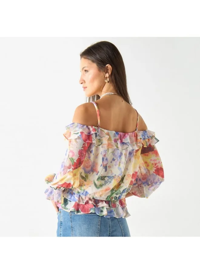 2Xtremz 2Xtremz All-Over Floral Print Off Shoulder Top with Volume Sleeves