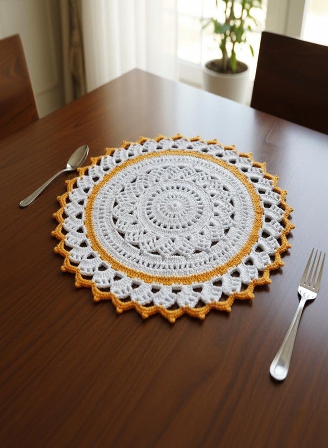 Ritika Craft® Woolen Crochet Handmade Doily/placemat/Table Mat White-Yellow (15 inch)… - Image 2