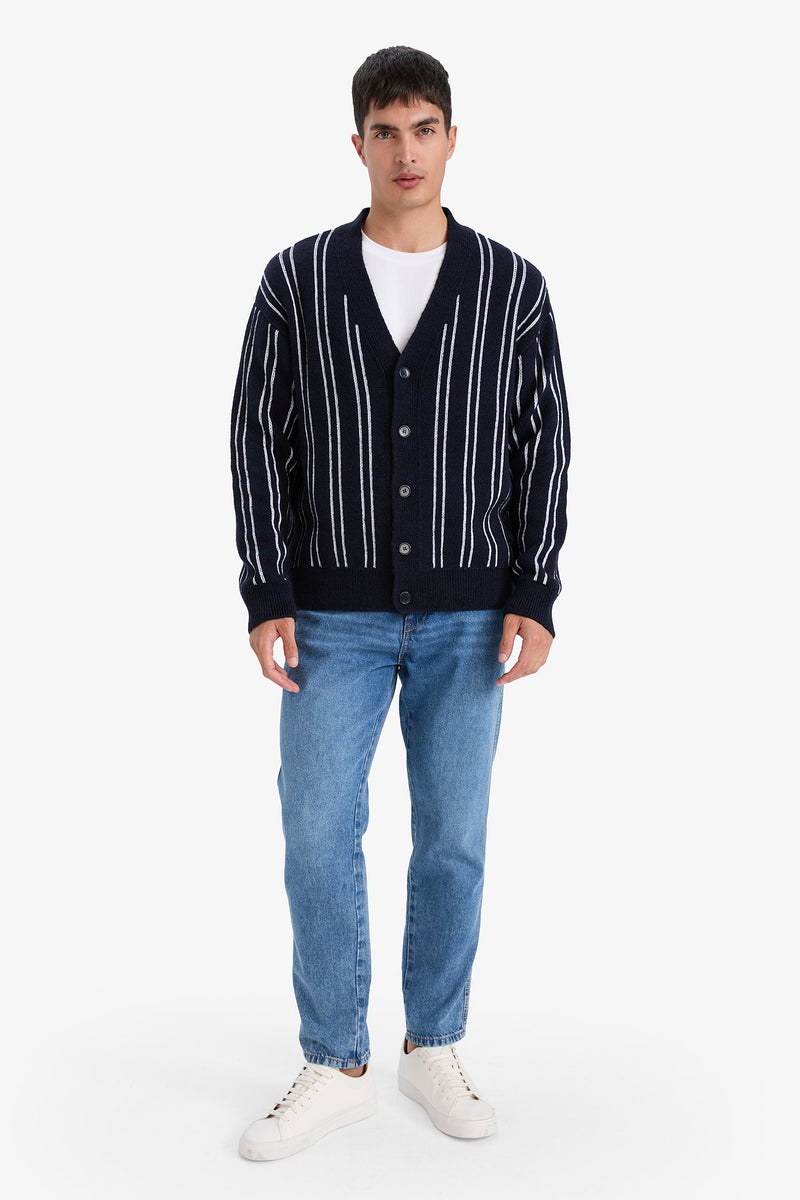 DeFacto Blue Man Relax Fit V-Neck Buttoned Stripped Knit Cardigan Casual - Image 2