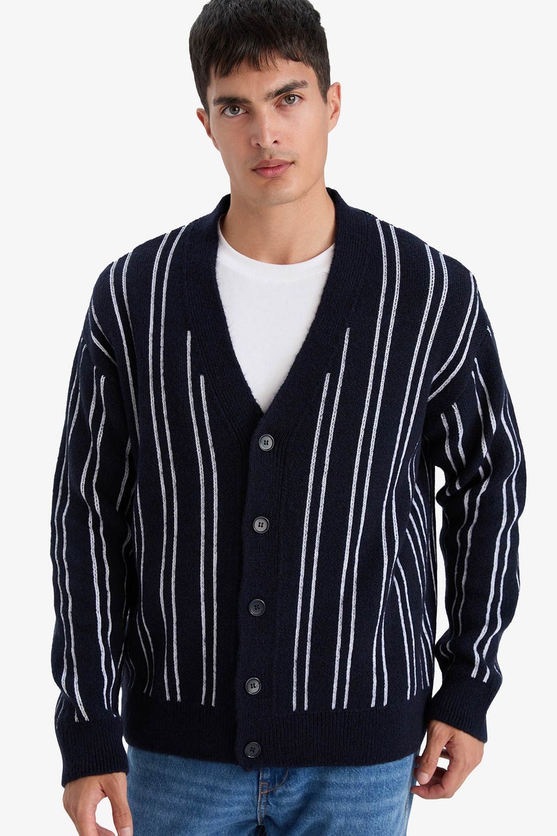 DeFacto Blue Man Relax Fit V-Neck Buttoned Stripped Knit Cardigan Casual - Image 1